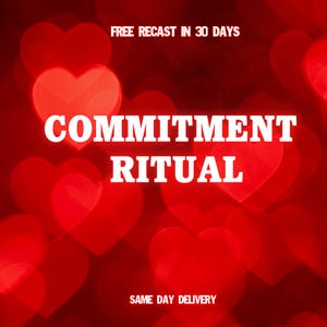 May include: A red background with blurred heart shapes. The words "COMMITMENT RITUAL" are in large white letters. The text "FREE RECAST IN 30 DAYS" and "SAME DAY DELIVERY" are also visible.
