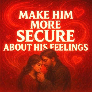 Può includere: Immagine di arte digitale con sfondo rosso e testo bianco che recita "MAKE HIM MORE SECURE ABOUT HIS FEELINGS". L'immagine presenta una coppia che si abbraccia, con cuori sparsi intorno al testo.