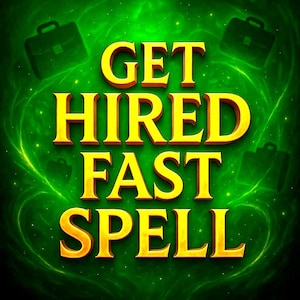 Peut inclure: Graphique numérique avec les mots "GET HIRED FAST SPELL" en lettres dorées. Le fond est un motif vert tourbillonnant avec des silhouettes de porte-documents.