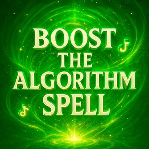 Puede incluir: Gráfico digital con las palabras "BOOST THE ALGORITHM SPELL" en letras doradas sobre un fondo verde arremolinado. Notas musicales acentúan el texto, y una luz brillante emana desde abajo.