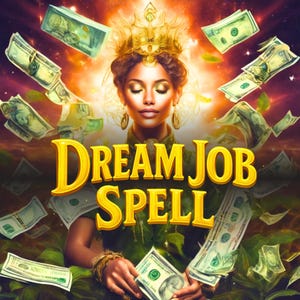 May include: Digital art featuring a woman with a golden crown and jewelry, surrounded by floating dollar bills. The text "DREAM JOB SPELL" is in gold lettering. The background has a warm, ethereal glow.