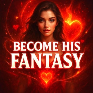 Könnte beinhalten: Digitales Kunstwerk, das eine Frau mit braunem Haar vor einem feurigen roten Hintergrund mit Herzmotiven zeigt. Der Text "BECOME HIS FANTASY" ist in einer hellen, fetten Schrift geschrieben.