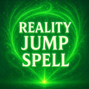 Puede incluir: Gráfico digital con las palabras "REALITY JUMP SPELL" en negrita, fuente serif. El texto es de color amarillo claro sobre un fondo verde vibrante con patrones arremolinados y brillantes y una fuente de luz central.