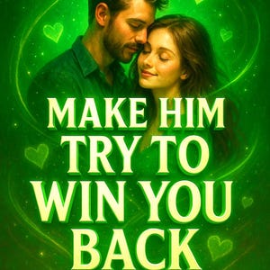 Puede incluir: Portada de libro con una pareja abrazándose sobre un fondo verde con forma de corazón. El título, "MAKE HIM TRY TO WIN YOU BACK", se muestra en letras grandes, blancas y amarillas.