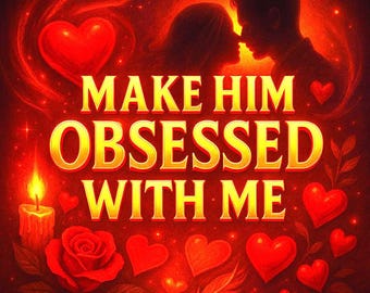 Puede incluir: Ilustración digital en tonos rojos y dorados. La imagen presenta una pareja en silueta abrazándose, rodeada de corazones, una rosa y una vela encendida. El texto "MAKE HIM OBSESSED WITH ME" destaca en el diseño.