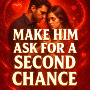 Peut inclure: Illustration numérique d'un homme et d'une femme enlacés, sur fond rouge flamboyant avec des cœurs. Le texte "MAKE HIM ASK FOR A SECOND CHANCE" est affiché en gras, en or.