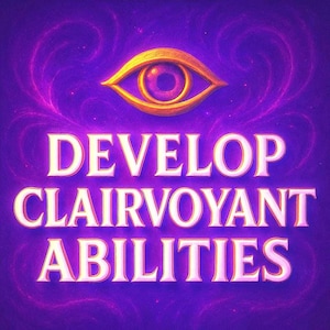 Può includere: Grafica digitale con sfondo viola e motivi a vortice. Un occhio dorato in alto e il testo "DEVELOP CLAIRVOYANT ABILITIES" in bianco, bordato d'oro.
