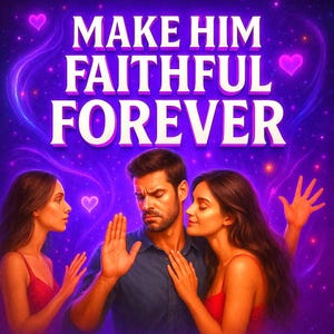 May include: Digital art with the text "MAKE HIM FAITHFUL FOREVER" in white letters on a purple background. The image depicts a man with two women, with hearts and stars scattered throughout the design.