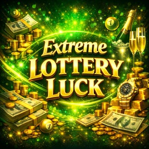 May include: A vibrant green background featuring the gold text Extreme LOTTERY LUCK, surrounded by stacks of banknotes, gold coins, a gold wristwatch, a bottle of champagne in a bucket, and a billiard ball with the number seven.