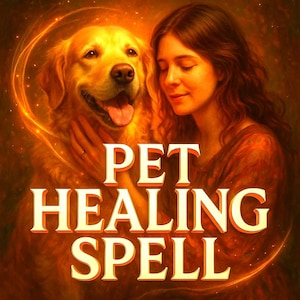 Op de afbeelding: Een illustratie van een vrouw en een golden retriever met de tekst "PET HEALING SPELL" in een gloeiend, gouden lettertype. De vrouw raakt de hond zachtjes aan, beiden omgeven door een warm, gouden licht.