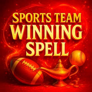 Puede incluir: Ilustración digital con el texto "SPORTS TEAM WINNING SPELL" en letras doradas. Un balón de fútbol americano, una pelota de béisbol y una lámpara de genio dorada se presentan sobre un fondo rojo con efectos brillantes.