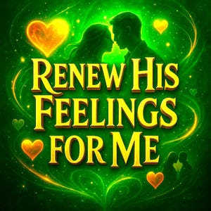 Puede incluir: Imagen de arte digital con fondo verde y texto amarillo que dice "RENEW HIS FEELINGS FOR ME". La imagen presenta siluetas de una pareja y varios corazones brillantes, con un tema romántico.