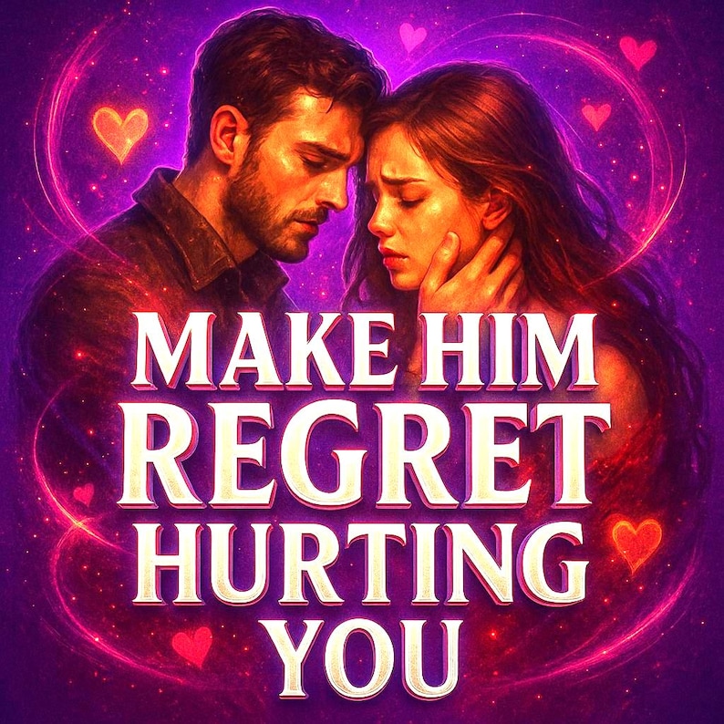 May include: Digital artwork featuring a man and woman in a romantic embrace, set against a purple and pink background with heart shapes. The text "MAKE HIM REGRET HURTING YOU" is prominently displayed in white.
