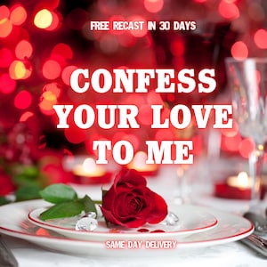 May include: A romantic dinner setting with a red rose on a white plate with a red trim. The plate has crystal accents. The background features blurred red lights and the text "CONFESS YOUR LOVE TO ME".