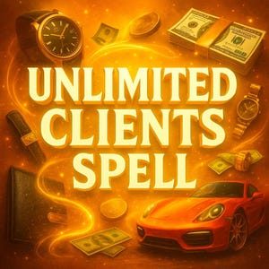 Puede incluir: Un coche deportivo naranja, montones de billetes de 100 dólares, monedas de oro y relojes aparecen en esta imagen. Las palabras "UNLIMITED CLIENTS SPELL" están en el centro de la imagen, con un fondo dorado brillante.