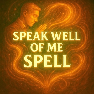 Op de afbeelding: Een illustratie met een warm kleurenpalet met een man in gebed met de tekst "SPEAK WELL OF ME SPELL". Wervelende gouden energie komt van de man af en creëert een mystieke en spirituele sfeer.