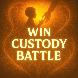 Peut inclure: Image lumineuse avec le texte "WIN CUSTODY BATTLE" en blanc. Silhouette d'un enfant tendant la main vers une autre main, sur fond doré et motifs décoratifs. L'ensemble évoque l'espoir et la protection.