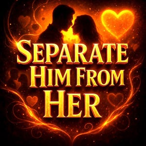 Könnte beinhalten: Künstlerische digitale Illustration mit dem Text "SEPARATE HIM FROM HER" in goldfarbenen Buchstaben. Das Bild zeigt Silhouetten eines Paares, Herzen und feurige orange und gelbe Akzente, die eine romantische und dramatische Optik erzeugen.