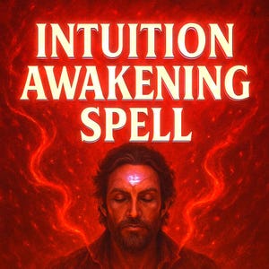 Puede incluir: Ilustración digital con el texto "INTUITION AWAKENING SPELL" en blanco sobre un fondo rojo. Un hombre con los ojos cerrados y un tercer ojo brillante está centrado debajo, rodeado de remolinos de energía roja.
