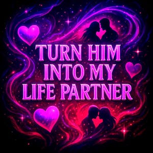 Könnte beinhalten: Ein digitales Kunstwerk mit schwarzem Hintergrund, das den Text "TURN HIM INTO MY LIFE PARTNER" in leuchtendem Pink zeigt. Das Design umfasst Silhouetten eines Paares, Herzen und wirbelnde Nebel in Pink-, Lila- und Blautönen.