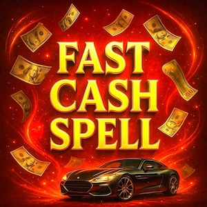 May include: A digital illustration with a red background and the words "FAST CASH SPELL" in gold. Banknotes float around the text. A black sports car is at the bottom of the image.