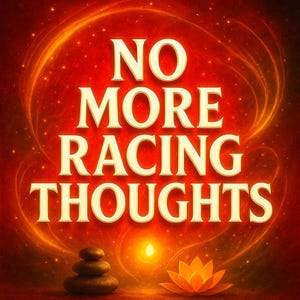 以下が含まれることがあります： 赤色の背景に金色の文字で「NO MORE RACING THOUGHTS」と書かれたデジタルアート画像。画像には、石の積み重ね、蓮の花、輝く光が含まれており、静けさを感じさせます。