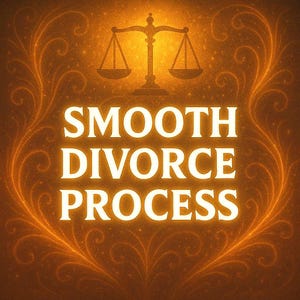 May include: A gold-toned image with the text "SMOOTH DIVORCE PROCESS" in white. A scale of justice sits above the text, and swirling, decorative patterns frame the text, suggesting legal services.