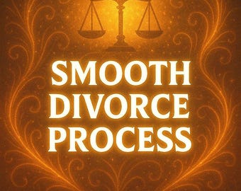 May include: A gold-toned image with the text "SMOOTH DIVORCE PROCESS" in white. A scale of justice sits above the text, and swirling, decorative patterns frame the text, suggesting legal services.