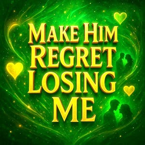 May include: A digital graphic with the text "MAKE HIM REGRET LOSING ME" in gold, 3D lettering. The background is a swirling green with yellow hearts and silhouettes of couples. The overall design has a romantic theme.