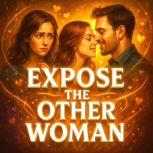 May include: Digital artwork with the text "EXPOSE THE OTHER WOMAN". It depicts two women and a man, with a warm, golden colour scheme and heart-shaped accents. The text is in gold.