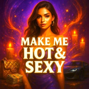 Op de afbeelding: Digitale kunst met een vrouw met lang bruin haar, gouden oorringen en een paarse jurk. De tekst "MAKE ME HOT & SEXY" is prominent aanwezig. Een gouden handtas, contant geld, kaarsen en een sportwagen zijn ook zichtbaar.