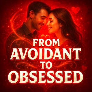 Puede incluir: Ilustración digital de una pareja abrazándose en un ambiente romántico, sobre un fondo rojo con corazones y efectos de luz. El texto "FROM AVOIDANT TO OBSESSED" se muestra.
