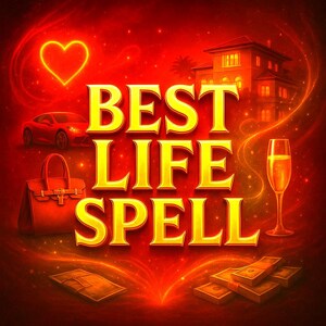 May include: A digital illustration with a red background features the words "BEST LIFE SPELL" in gold. The image includes a red sports car, a luxury handbag, a champagne glass, a house, a heart, and stacks of money.