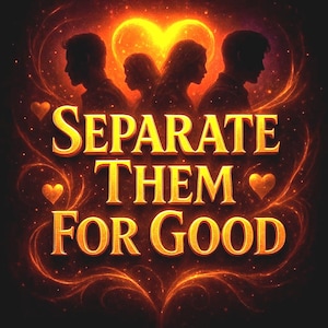May include: Digital artwork with a dark background and glowing orange and yellow accents. The text "SEPARATE THEM FOR GOOD" is in gold, with silhouettes of people and a heart shape above. Small hearts are scattered around the text.