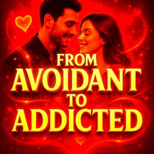Puede incluir: Gráfico digital con fondo rojo que presenta a un hombre y una mujer sonriendo que se miran. El texto "FROM AVOIDANT TO ADDICTED" está en letras amarillas grandes con efecto de sombra. Pequeños corazones dispersos.