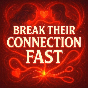 Puede incluir: Ilustración digital con fondo rojo que presenta dos siluetas enfrentadas dentro de una forma de corazón. El texto "BREAK THEIR CONNECTION FAST" se muestra de forma destacada. Tijeras cortan un hilo rojo, simbolizando la separación.
