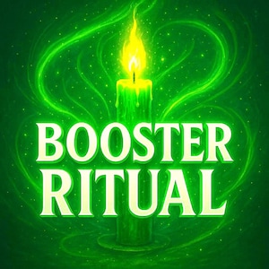 Könnte beinhalten: Eine grüne Kerze mit gelber Flamme, vor einem grünen Hintergrund mit wirbelnden Lichteffekten. Die Worte "BOOSTER RITUAL" stehen in großen, weißen, leuchtenden Buchstaben unter der Kerze.