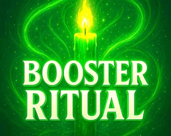 May include: A green candle with a yellow flame, set against a green background with swirling light effects. The words "BOOSTER RITUAL" are in large, white, glowing letters below the candle.