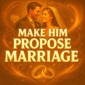 Puede incluir: Ilustración dorada con una pareja sonriente, un corazón y dos anillos entrelazados. El texto "MAKE HIM PROPOSE MARRIAGE" se destaca. La imagen evoca temas de amor y compromiso, ideal para productos de boda.