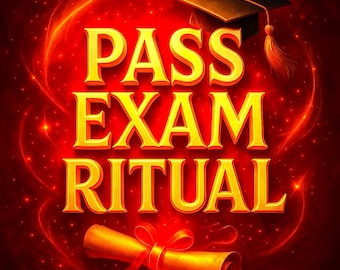 May include: A vibrant graphic with the words "PASS EXAM RITUAL" in gold, set against a fiery red background. A graduation cap and a rolled diploma with a red ribbon are also featured.