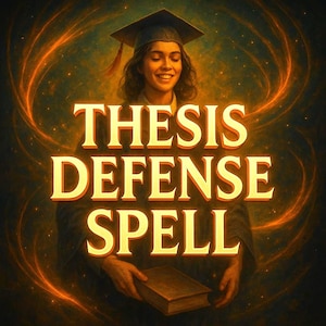 Puede incluir: Ilustración con el texto "THESIS DEFENSE SPELL". Una persona con birrete y toga sonríe, sosteniendo un libro. Energía arremolinada naranja y amarilla rodea a la persona y al texto, sobre un fondo oscuro.