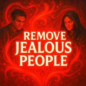 May include: Digital art with a fiery red background and the text "REMOVE JEALOUS PEOPLE" in bold white letters. Two figures, a man and a woman, are positioned on either side, both with stern expressions.