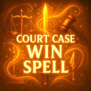 Könnte beinhalten: Goldene Illustration mit Schwert, Waage, Hammer und Speer. Die Worte "COURT CASE WIN SPELL" sind in leuchtender Schrift auf einem wirbelnden, sternartigen Hintergrund dargestellt. Das Thema ist rechtlich und magisch.