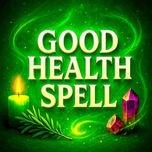 Può includere: Illustrazione digitale con la scritta dorata "GOOD HEALTH SPELL" su sfondo verde. Sono presenti anche una candela verde accesa, un rametto di verde e due cristalli.