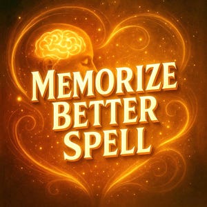 Puede incluir: Ilustración digital con un cerebro brillante dentro de un diseño en forma de corazón. Las palabras "Memorize Better Spell" están en negrita y en 3D. El fondo es dorado con efectos brillantes.
