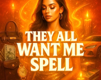 Könnte beinhalten: Digitale Illustration mit einer Frau in einem goldenen Kleid, umgeben von Kerzen und Luxusartikeln. Der Text "THEY ALL WANT ME SPELL" ist prominent dargestellt. Artikel sind eine Handtasche, Geld, eine Uhr und ein Auto.