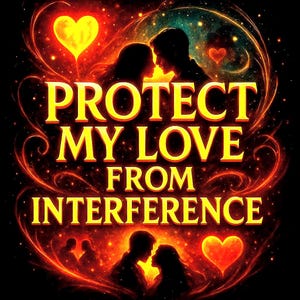 May include: A digital art piece with a black background and the words "PROTECT MY LOVE FROM INTERFERENCE" in yellow. Silhouettes of couples kissing are featured, along with yellow and red hearts and swirling lines.