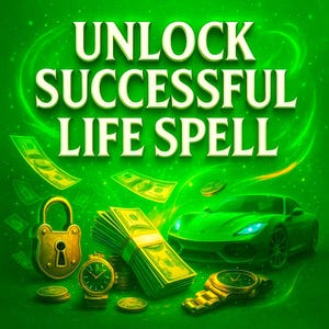 Puede incluir: Ilustración digital con fondo verde y el texto "UNLOCK SUCCESSFUL LIFE SPELL". La imagen presenta un candado dorado, relojes, fajos de billetes, monedas, un coche deportivo verde y billetes flotantes.