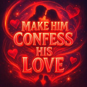 May include: A digital art image with a romantic theme. The image features a couple silhouetted against a red and orange background. The text "MAKE HIM CONFESS HIS LOVE" is prominently displayed in a glowing red font, surrounded by hearts and swirling lines.