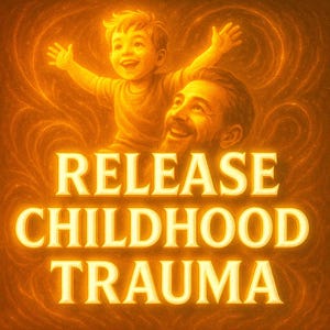 May include: An illustration with a warm, golden color scheme. It features a smiling child with outstretched arms atop a smiling adult. The text "RELEASE CHILDHOOD TRAUMA" is prominently displayed in a glowing font.